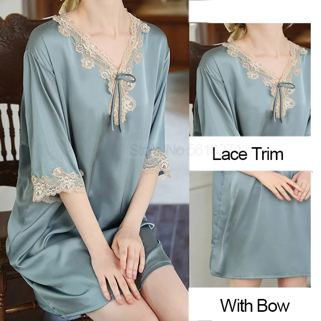 Lace V-Neck Sleep Dress Women Nightgown Satin Kimono Dressing Gown Lingerie With Bow Loose Nightwear Summer SEXY Sleepwear
Lace V-Neck Sleep Dress Women Nightgown Satin Kimono Dressing Gown Lingerie With Bow Loose Nightwear Summer SEXY Sleepwear