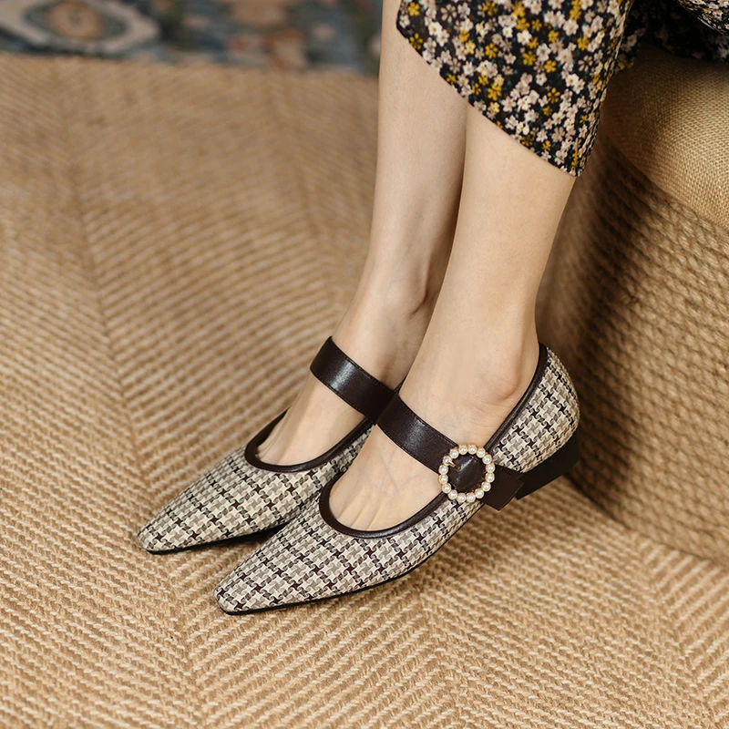 

2022 new Women's pumps 22-24.5cm Houndstooth jacquard fabric upper Mary Jane small square toe pearl buckle shoes women shoes