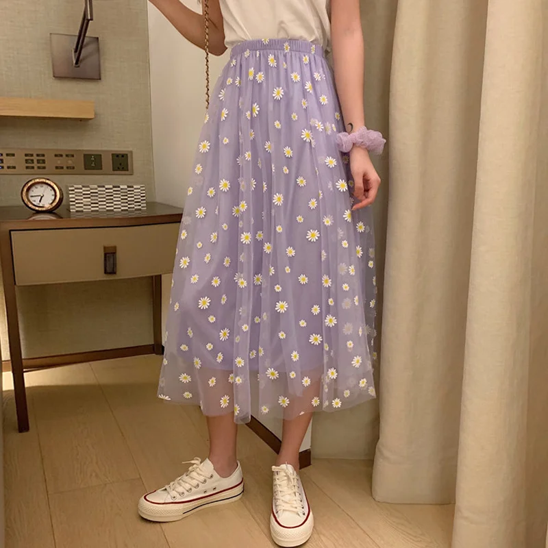 

Korean Style Summer 2023 Daisy Print Purple Skirt Female Long High-Waisted A- Line Skirt Elastic Street Wear