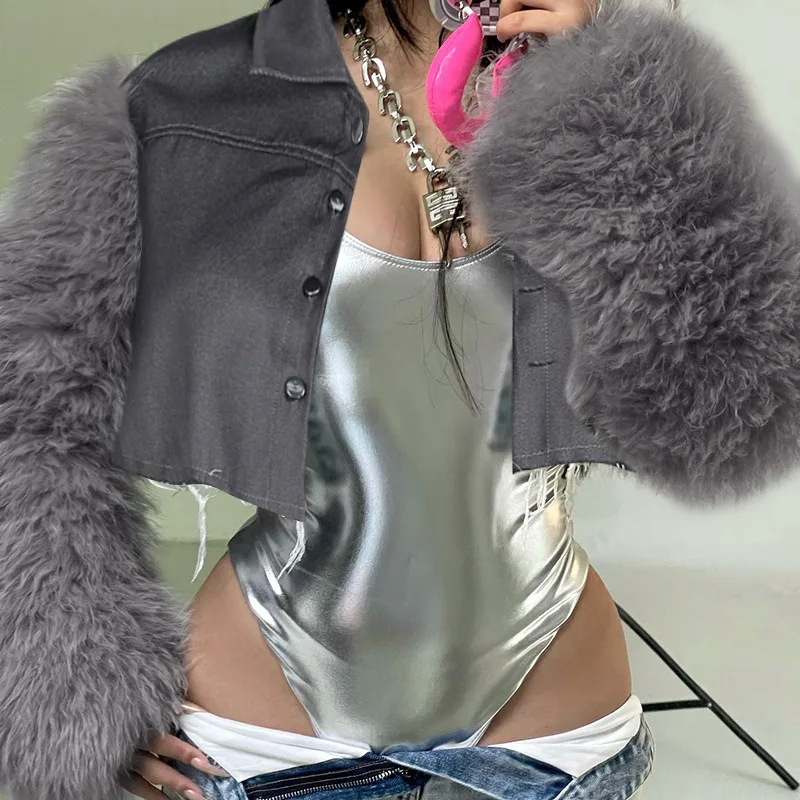 Sexy Women Fur Sleeve Denim Patchwork Jackets Fluffy Plush Sleeve Cropped Jacket Single Breasted Lapel Denim High Waist Outcoats
Sexy Women Fur Sleeve Denim Patchwork Jackets Fluffy Plush Sleeve Cropped Jacket Single Breasted Lapel Denim High Waist Outcoats