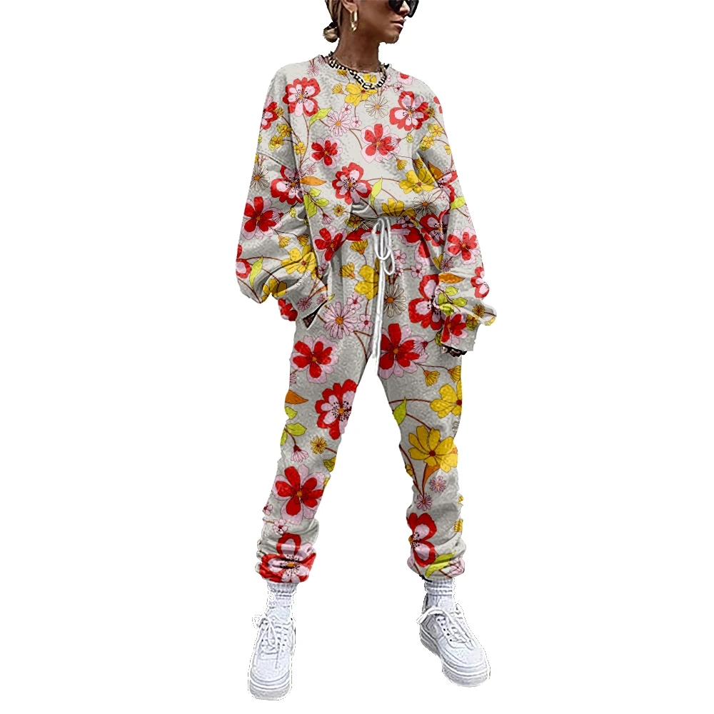 Women's sportswear two piece suit, yellow and safflower printed sportswear casual sweater + trousers women's sportswear 
Women's sportswear two piece suit, yellow and safflower printed sportswear casual sweater + trousers women's sportswear