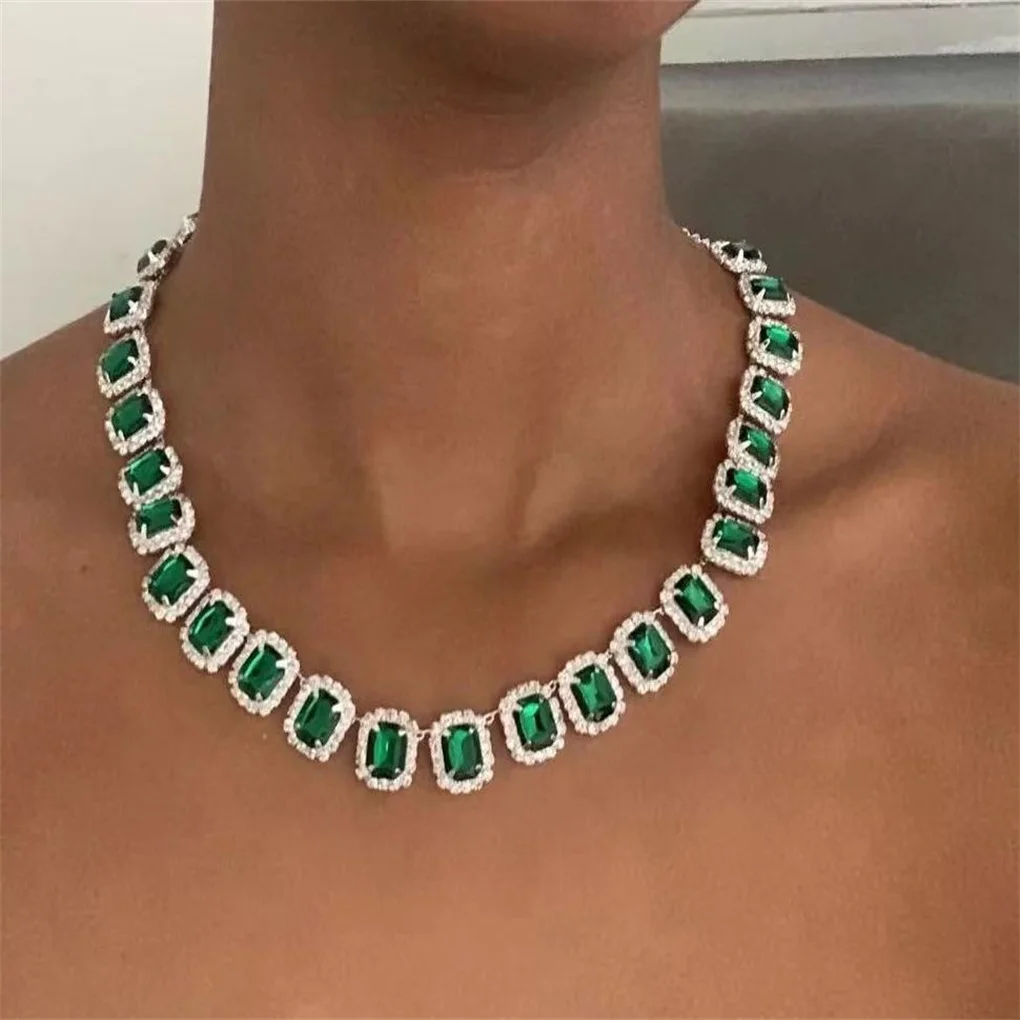 

2022 Hot Sale Luxury Green Crystal Collar Chain Women's Necklace Statement Rhinestone Cube Jewelry Necklace Wedding Accessories