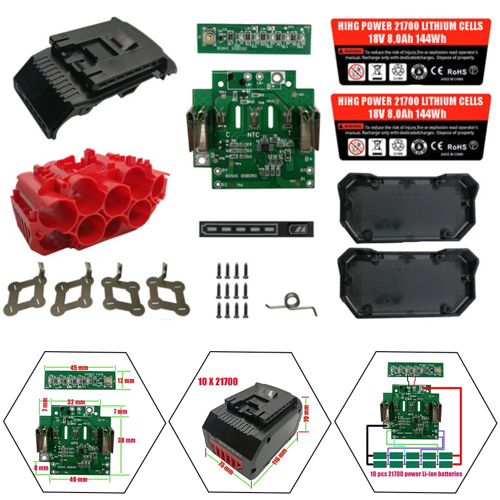 1set BAT618 Li-ion Battery Plastic Case 10 Core 18V 21700 PCB Circuit Board For Bosch 18V Repair Battery Component Parts
1set BAT618 Li-ion Battery Plastic Case 10 Core 18V 21700 PCB Circuit Board For Bosch 18V Repair Battery Component Parts