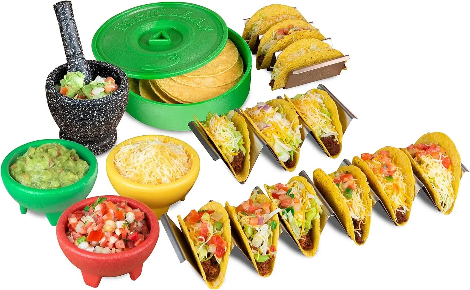 Taco Serving Set with Tortilla Warmer, Salsa Bowls, Shell Holders, and Mortar and Pestle - 9-Piece Set - Red, Yellow, and Green
Taco Serving Set with Tortilla Warmer, Salsa Bowls, Shell Holders, and Mortar and Pestle - 9-Piece Set - Red, Yellow, and Green