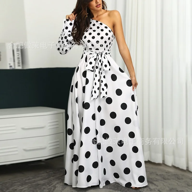

2023 Leisure Polka Dot Print Long Long Skirt Feminine One-shoulder Long-sleeved Dress Summer Elegant Party Asymmetrical Dress