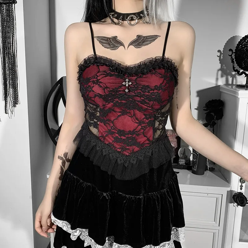 

Velvet Black Lace Trim Emo Alternative Aesthetic Crop Tops Y2K Mall Goth Crop Tops Women Backless Sexy Strap Tanks gothic tops