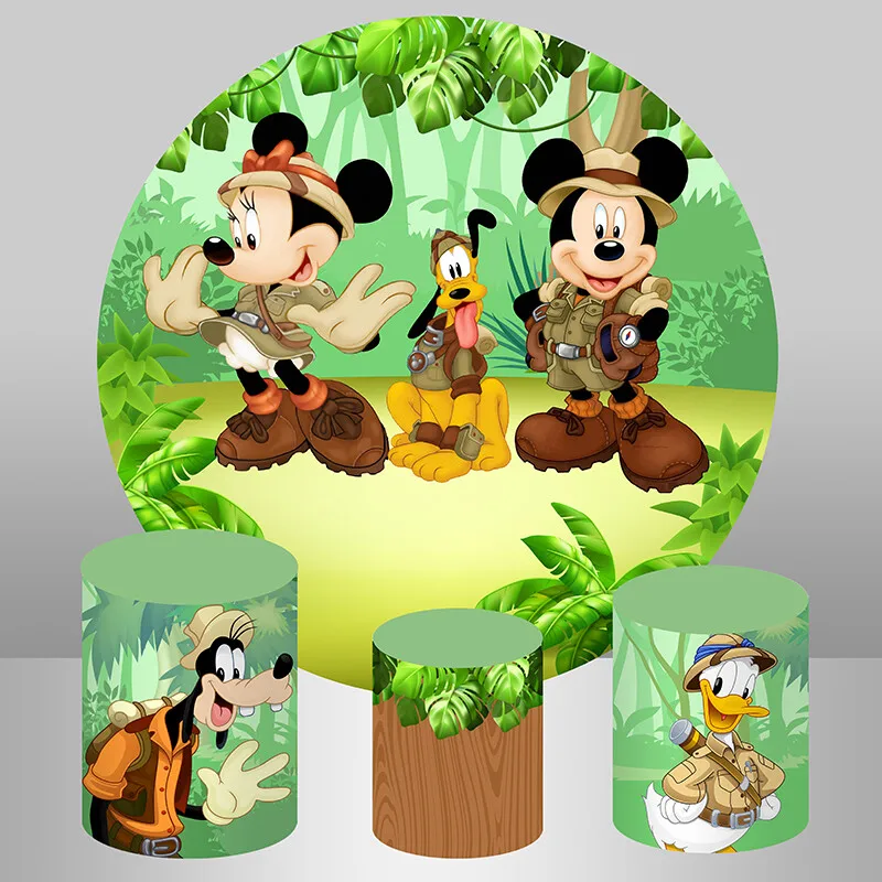 

Safari Circle Backdrop Wild Mickey Mouse Jungle Forest Kids 1st Birthday Baby Shower Round Background Table Covers Party Decor