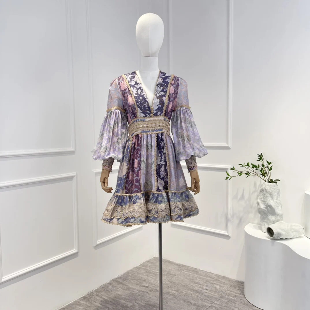 

2022 Autumn Top Quality Linen Silk Purple Floral Print Baroque Golden Hem V-neck Lantern Sleeve Mini Dress Women