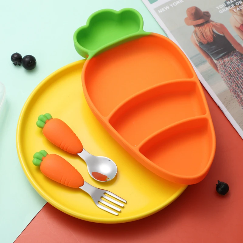 Children's Silicone Dinner Plate Learnning Anti-Fall Dishes Carrot Dinner Plates Fork Spoon Baby Food Supplement Grids BPA Free
Children's Silicone Dinner Plate Learnning Anti-Fall Dishes Carrot Dinner Plates Fork Spoon Baby Food Supplement Grids BPA Free