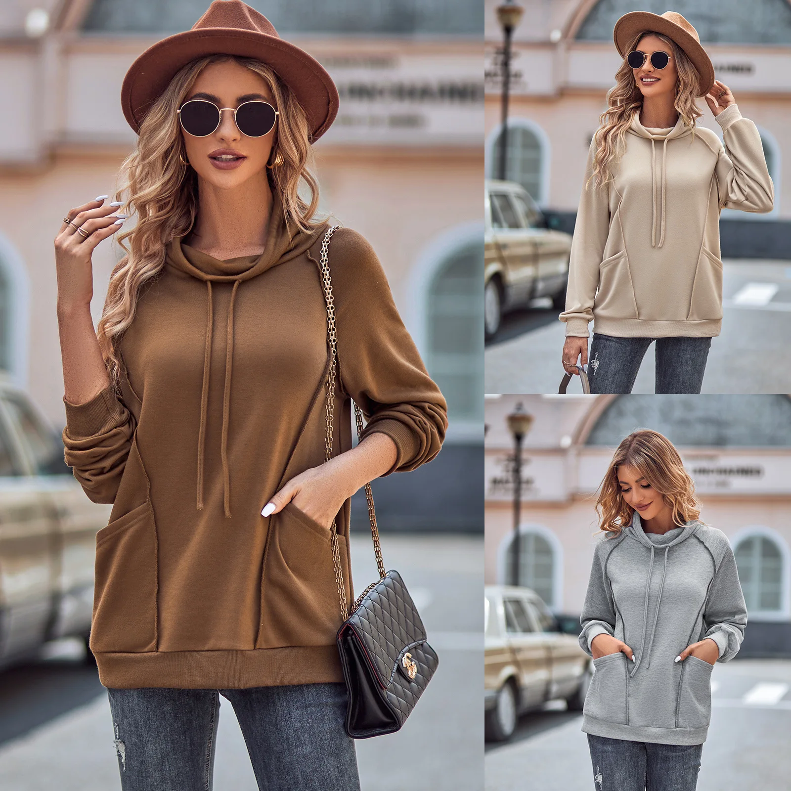 

Autumn and Winter Fashion Fallow Women's Dress Independent Station New Style Solid Color Choker Splice Loose Hoodie