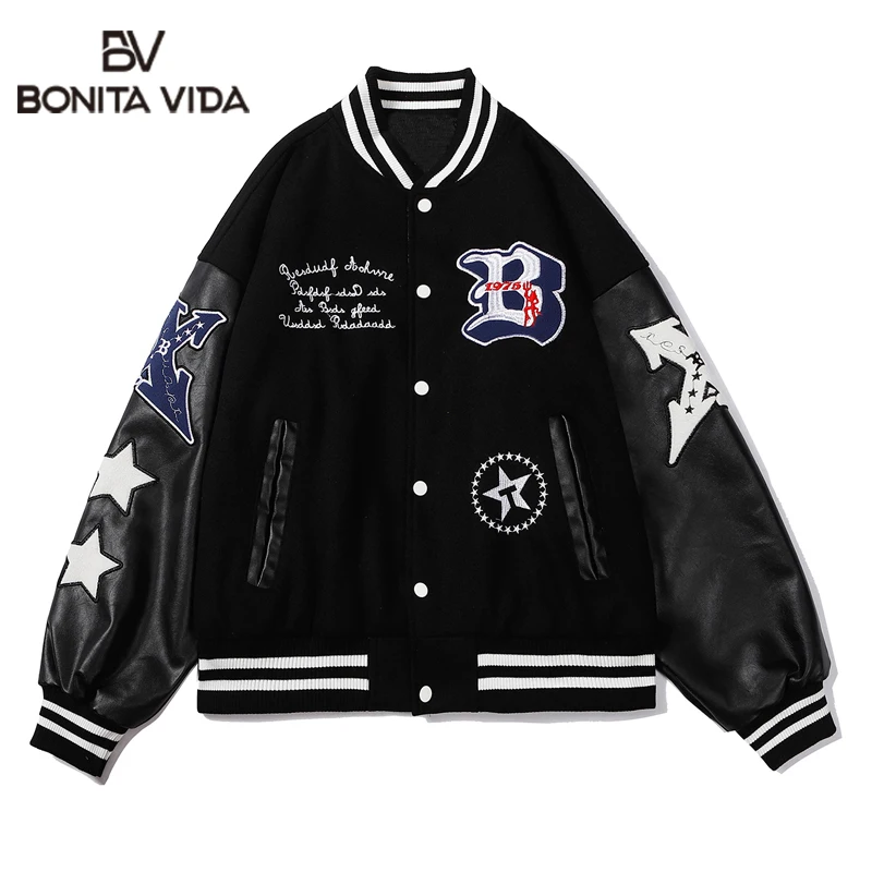 Hip Hop Baseball Jacket Coat Men Letter B Embroidery Leather Sleeve Varsity Bomber Biker Punk Vintage Fashion College Jacket
Hip Hop Baseball Jacket Coat Men Letter B Embroidery Leather Sleeve Varsity Bomber Biker Punk Vintage Fashion College Jacket
