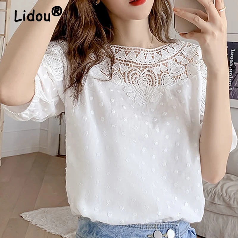 Women Hollow Lace Embroidery Elegant Chic Blouses 2023 Summer Trendy Solid Round Neck Short Sleeve Tops Sweet Casual Shirts Ropa
Women Hollow Lace Embroidery Elegant Chic Blouses 2023 Summer Trendy Solid Round Neck Short Sleeve Tops Sweet Casual Shirts Ropa