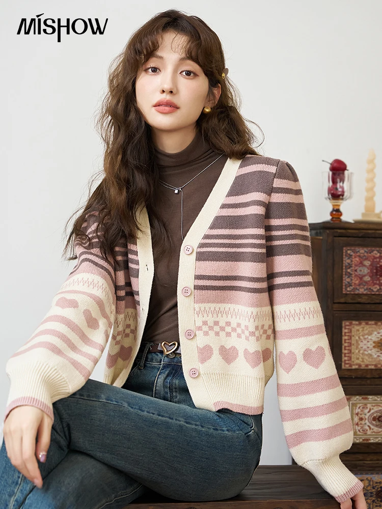 

MISHOW Contrast Sweater 2023 Autumn Striped Casual V-neck Single Breasted Sweet Slim Cardigans Senior Sense Knitted Coat Female
