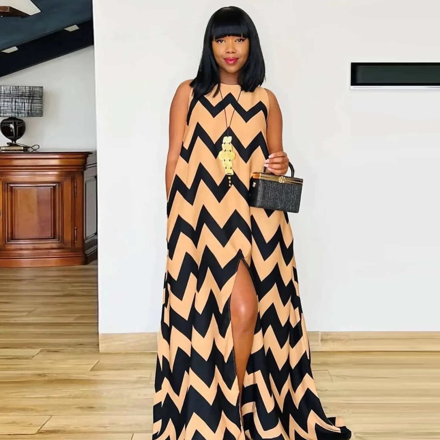Spring Fashion Dress Women Stripe Print Round Neck Sleeveless Split Long Dress Elegant Temperament Loose Dress Women
Spring Fashion Dress Women Stripe Print Round Neck Sleeveless Split Long Dress Elegant Temperament Loose Dress Women