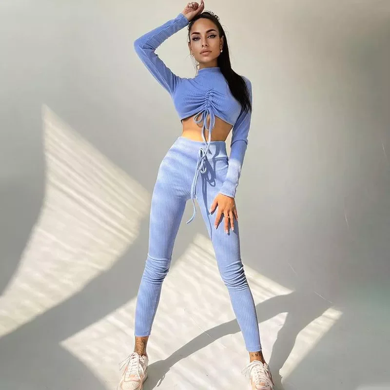 New Solid Long Sleeve Drawstring Sets Women Slim High Waist Elastic Fitness Two-Piece Suit Female Push Up Knit Set Femme
New Solid Long Sleeve Drawstring Sets Women Slim High Waist Elastic Fitness Two-Piece Suit Female Push Up Knit Set Femme