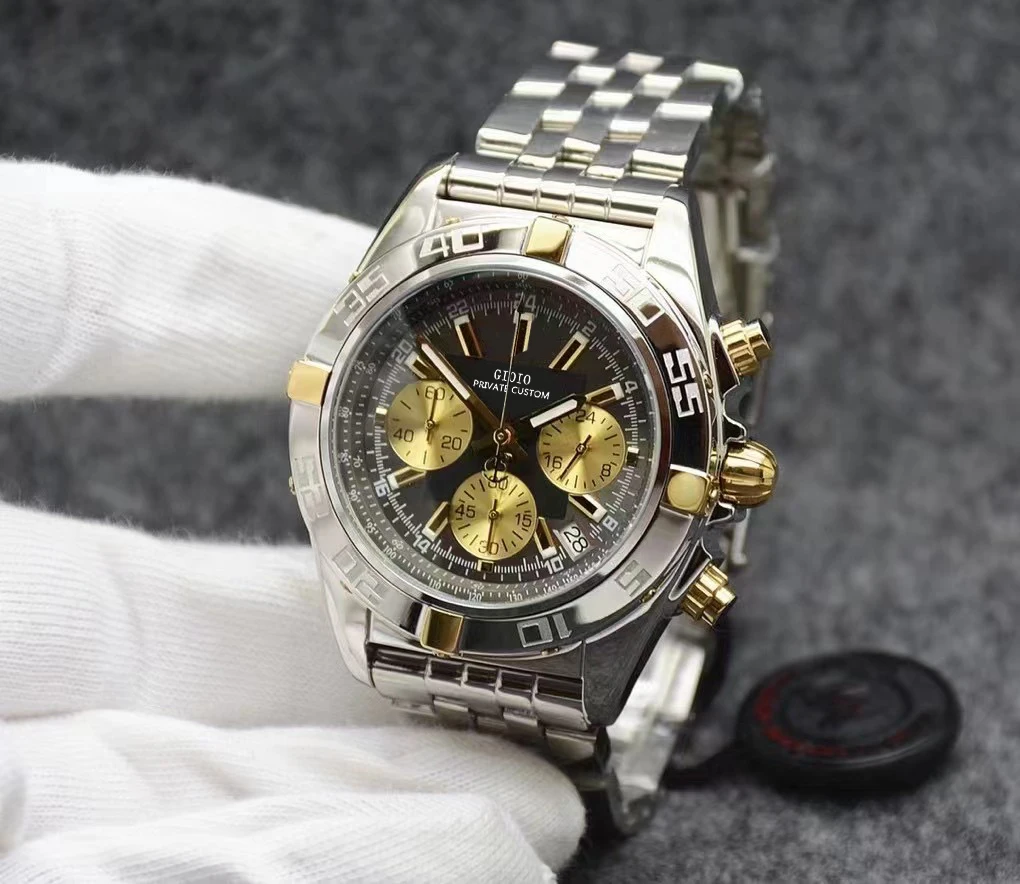 

Luxury Mens Quartz Chronograph Watch Black Leather Stainless Steel Luminous Sapphire Gold Blue White 43mm