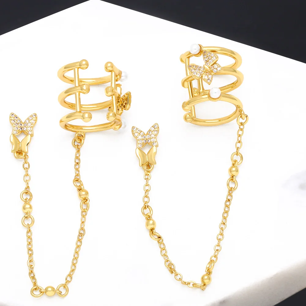 

FLOLA 1Pair Copper Crystal Butterfly Stud Earrings Gold Plated Layered Hoops Tassel Earrings for Women CZ Jewelry Gifts ersa316