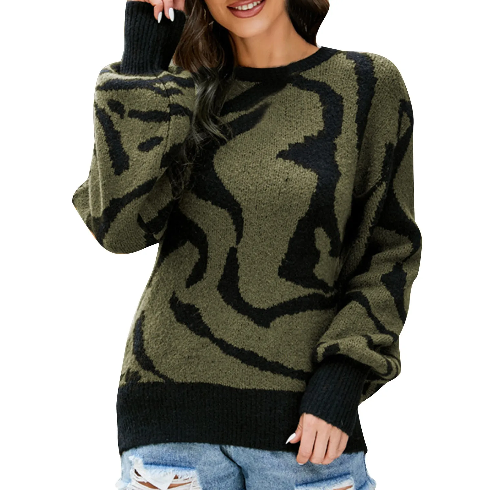 

Women Zebra-Stripe Sweaters Vintage Loose Crew Neck Knit Tops Pullovers Harajuku Oversize Leisure Pullover Leisure Warm Sweaters