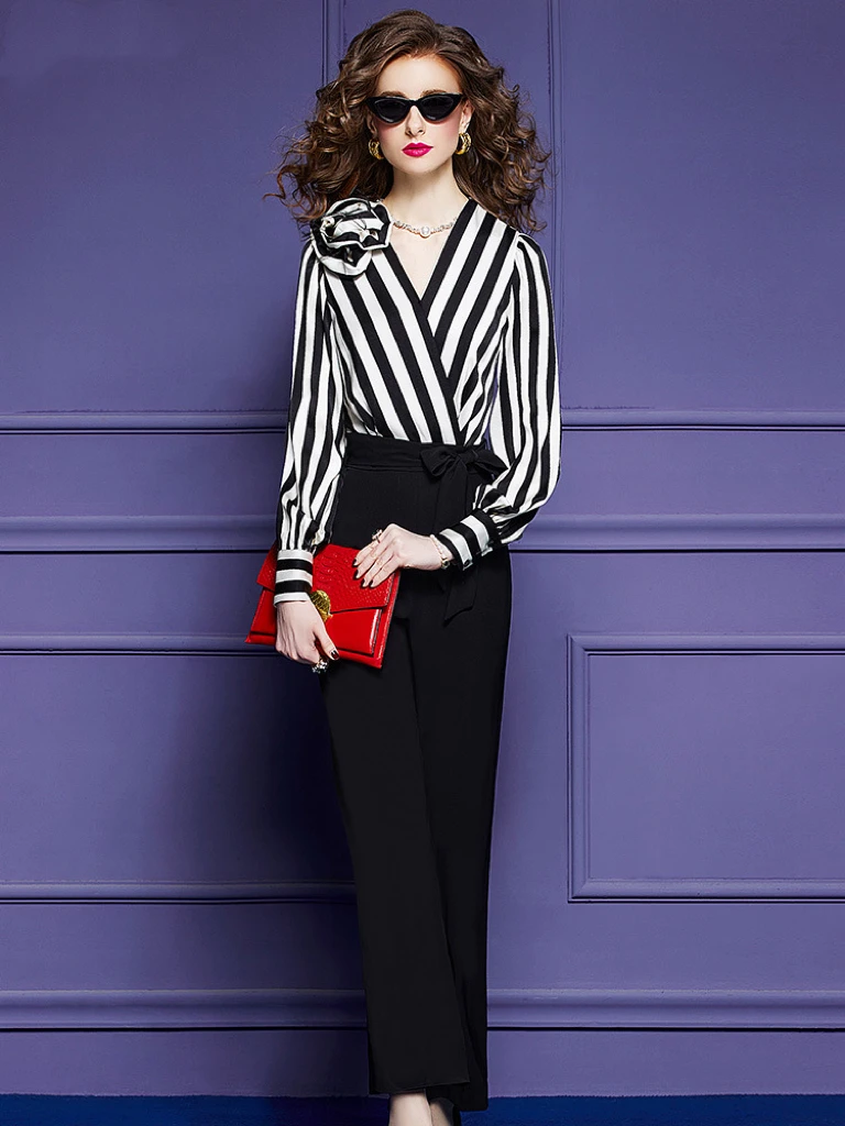 Elegant Black Women Jumpsuits Clothing White Shirt Stripe Trousers V-neck Full Sleeve Formal Party Event Prom Meeting Suit
Elegant Black Women Jumpsuits Clothing White Shirt Stripe Trousers V-neck Full Sleeve Formal Party Event Prom Meeting Suit