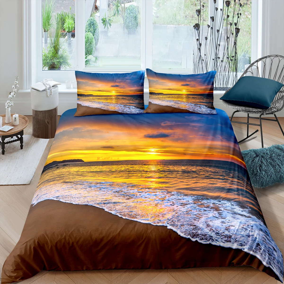 

Bedding Set for Kids Teen Adult Sea Coconut Tree Polyester Quilt Cover Ocean Beach King Queen Duvet Cover Seaside Sunset Scenery