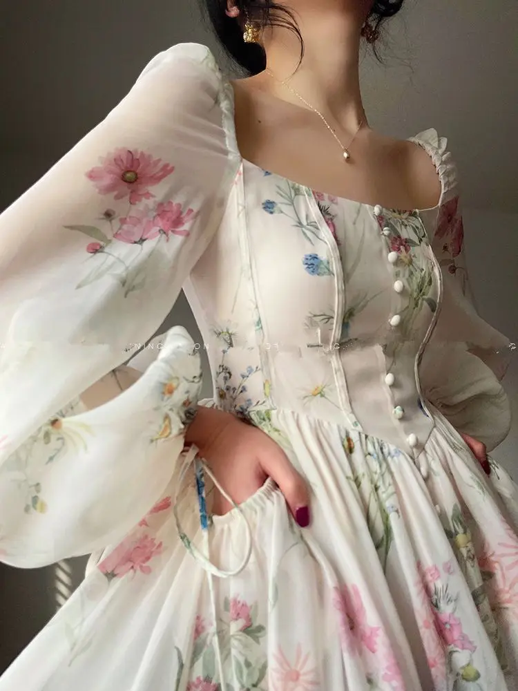 

Новинка лета, женское элегантное платье средней длины с рисунком, женское модное цельное платье принцессы во французском ретро-стиле, элегантная одежда