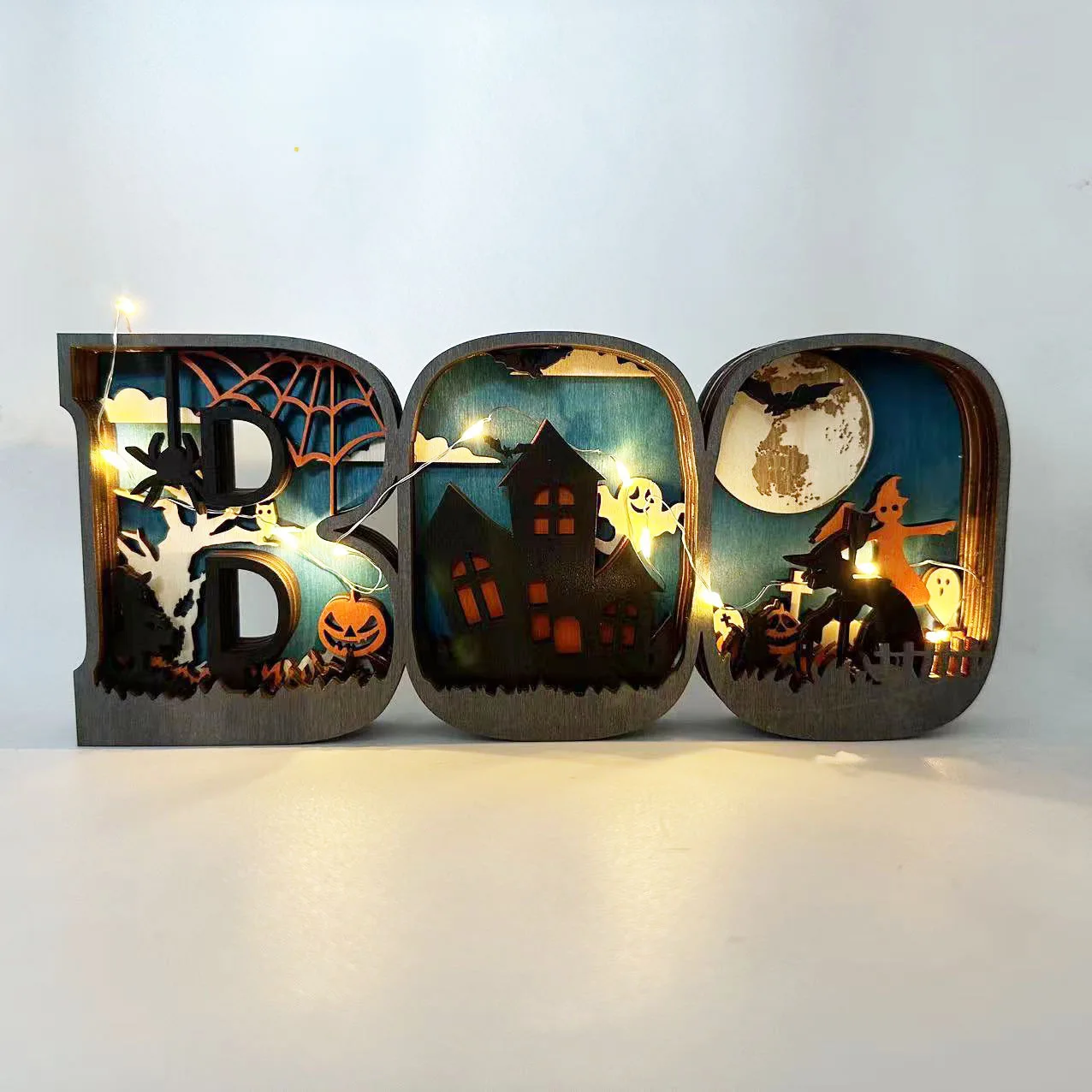 New Halloween wooden crafts creative design BOO letter lighting festive wooden decoration pieces halloween decoration
New Halloween wooden crafts creative design BOO letter lighting festive wooden decoration pieces halloween decoration