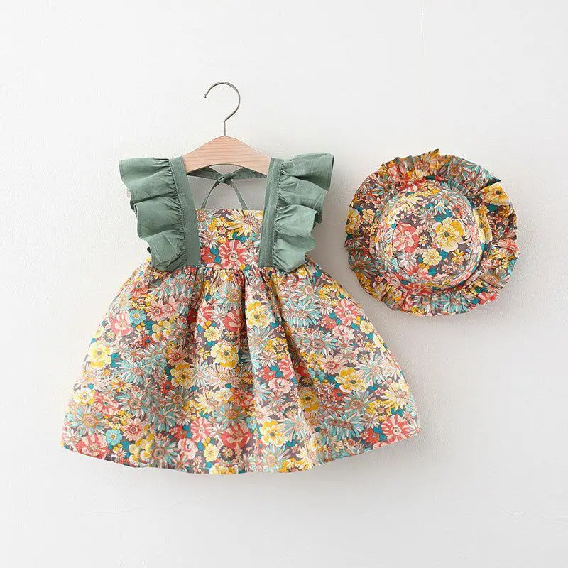 

2023 new girl's floral flying sleeve dress infant summer dress beautiful fashion floral skirt little girl's princess dream