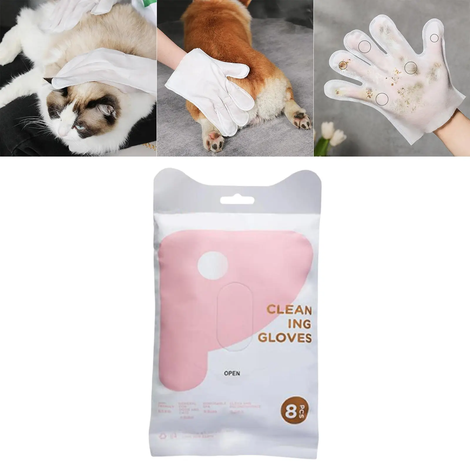 

8Pcs Pet Grooming Gloves Bathing Massage wipe Towels Cleaning No Rinse Thick for Dogs and Cats Deodorizing Disposable glove