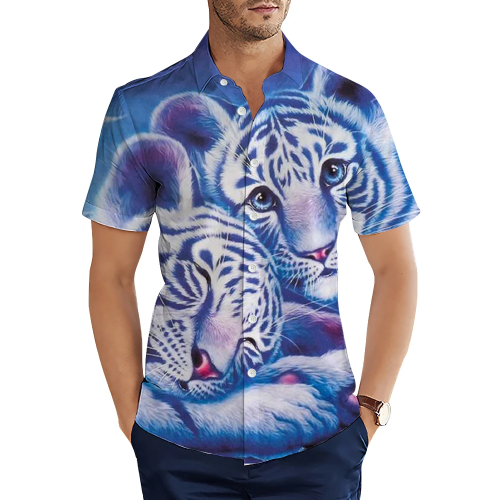 

HX Fashion Men Shirts Forest Wildlife White Tiger Cub 3D Graphic Casual Shirts Summer Short Sleeve Tops Camisas Dropshipping