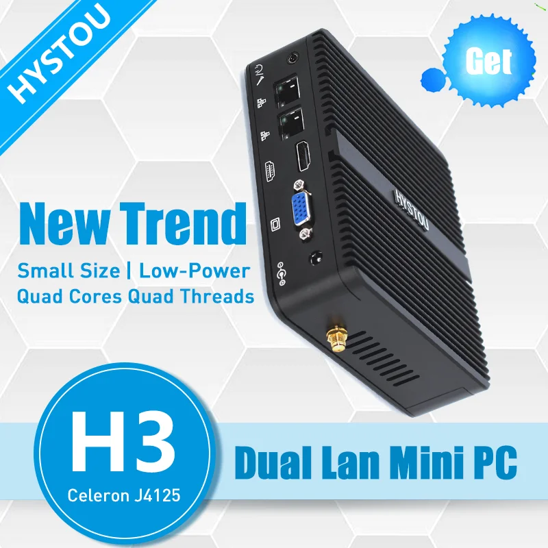 

HYSTOU Fanless Mini PC Windows11 Intel Celeron J4125 DDR4 8G TPM2.0 HD VGA Dual Band WiFi RS232 LINUX