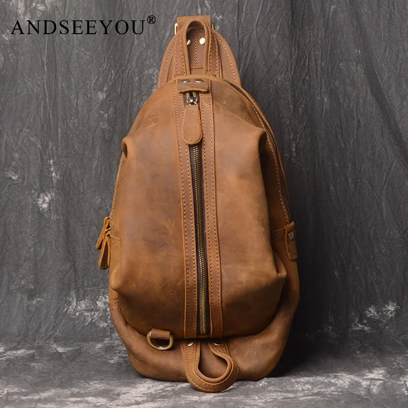 

Andseeyou Brand New Men's Crazy Horse Leather Chest Bag First Layer Cowhide Backpack Women's Genuine Leather Casual Retro Outdoo