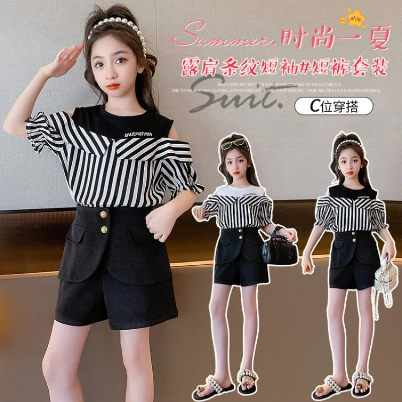 

Girls Summer Clothes Suit Strapless Culottes With Vertical Stripes Two-piece Set Free Shipping 4-16 Years Korean Kids2023 Spring