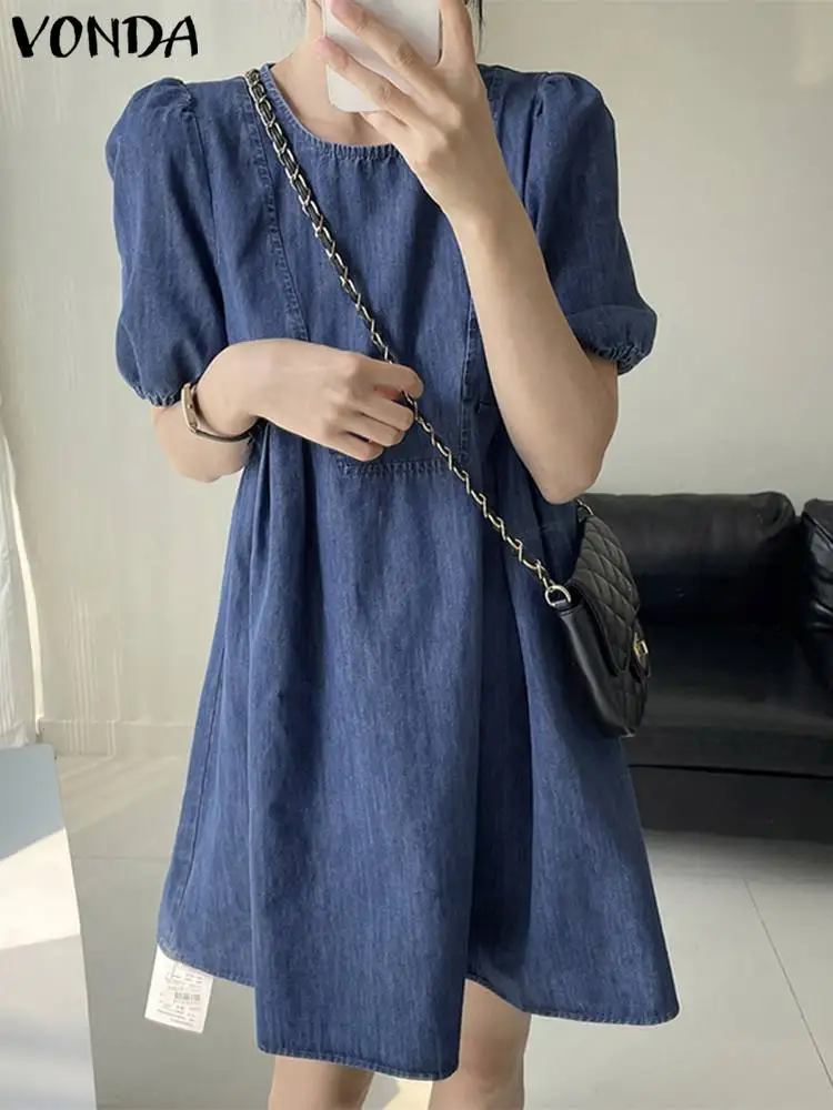 Women Denim Short-Knee Dress 2022 VONDA Casual Round Neck Robe Femme Puff Sleeves Short Sleeve Dress Femininas Vestidos
Women Denim Short-Knee Dress 2022 VONDA Casual Round Neck Robe Femme Puff Sleeves Short Sleeve Dress Femininas Vestidos