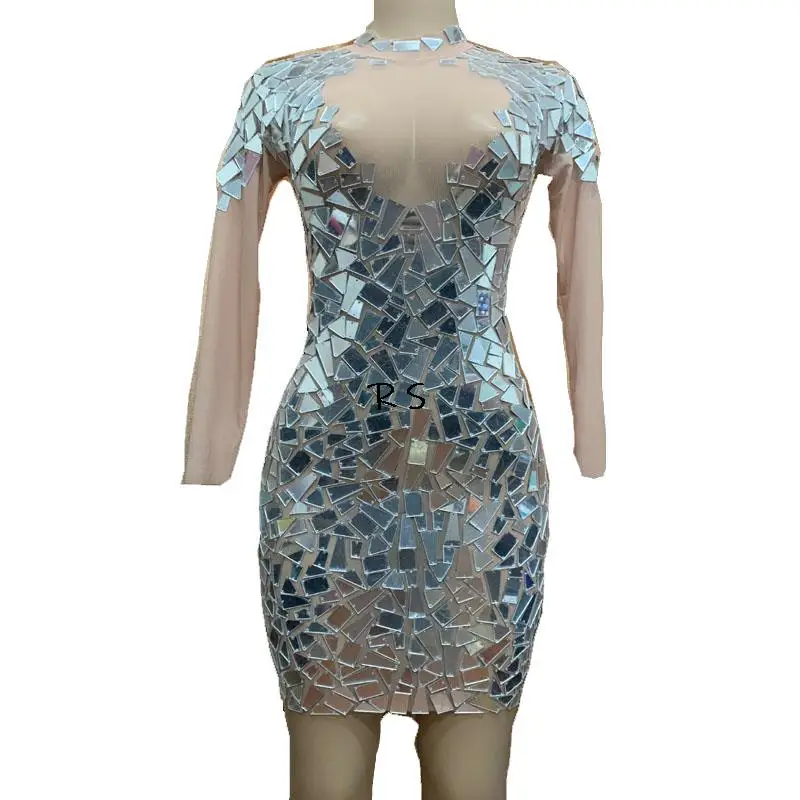 Women Sparkly Silver Mirrors Mesh Perspective Dress Party Dresses Costume Singer Performance
Women Sparkly Silver Mirrors Mesh Perspective Dress Party Dresses Costume Singer Performance