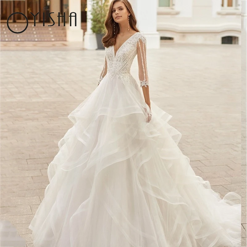 

OYISHA 2023 Deep V-Neck Wedding Dress For Bride Illusion Back Appliques Lace Bridal Gowns Elegant Tulle A-Line vestidos de noiva
