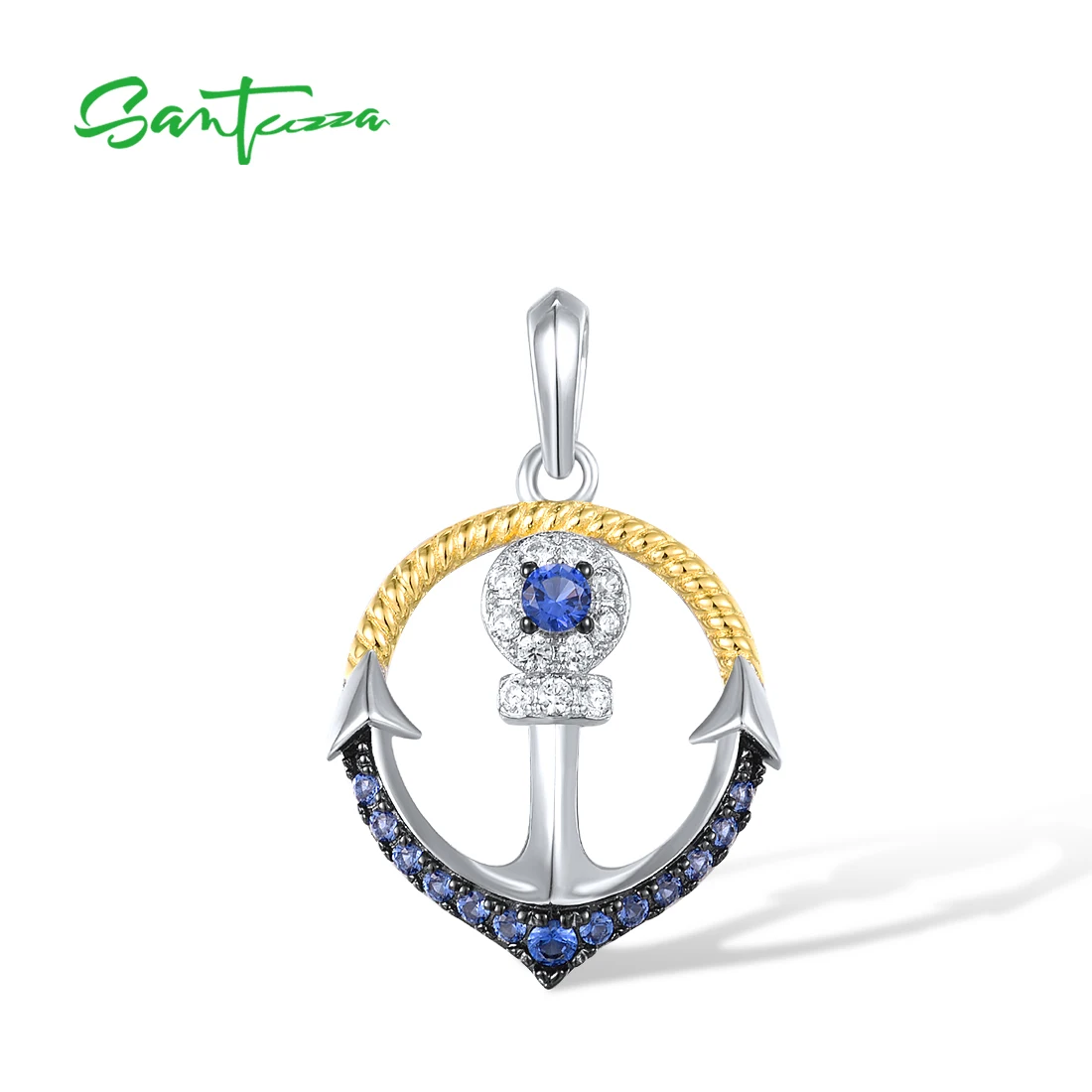 

SANTUZZA Genunine 925 Sterling Silver Pendant For Women Sparkling Blue Nano Cubic Zirconia Lovely Anchor Delicate Fine Jewelry