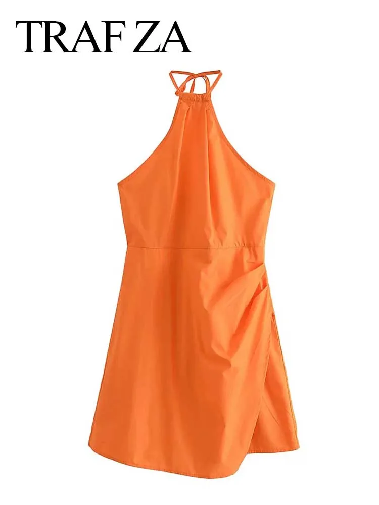 TRAF ZA Women Mini Dress Halterneck Lace Up Solid Orange Sleeveless Top Backless Pleated Asymmetrical Slim Sexy Party Summer
TRAF ZA Women Mini Dress Halterneck Lace Up Solid Orange Sleeveless Top Backless Pleated Asymmetrical Slim Sexy Party Summer