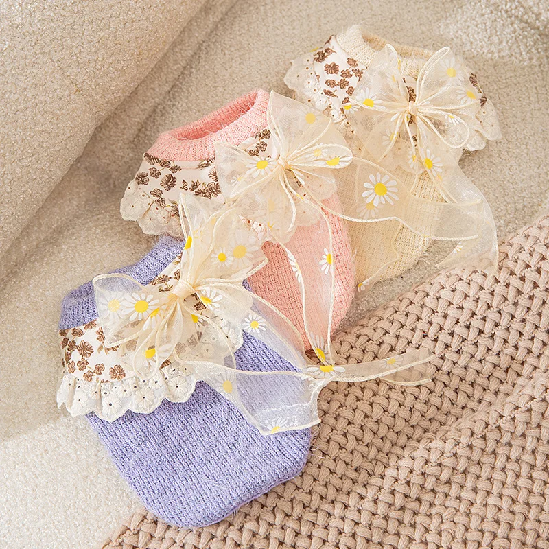 Кружевной вязаный свитер с бантом для собак, Осень-зима
Кружевной вязаный свитер с бантом для собак, Осень-зима