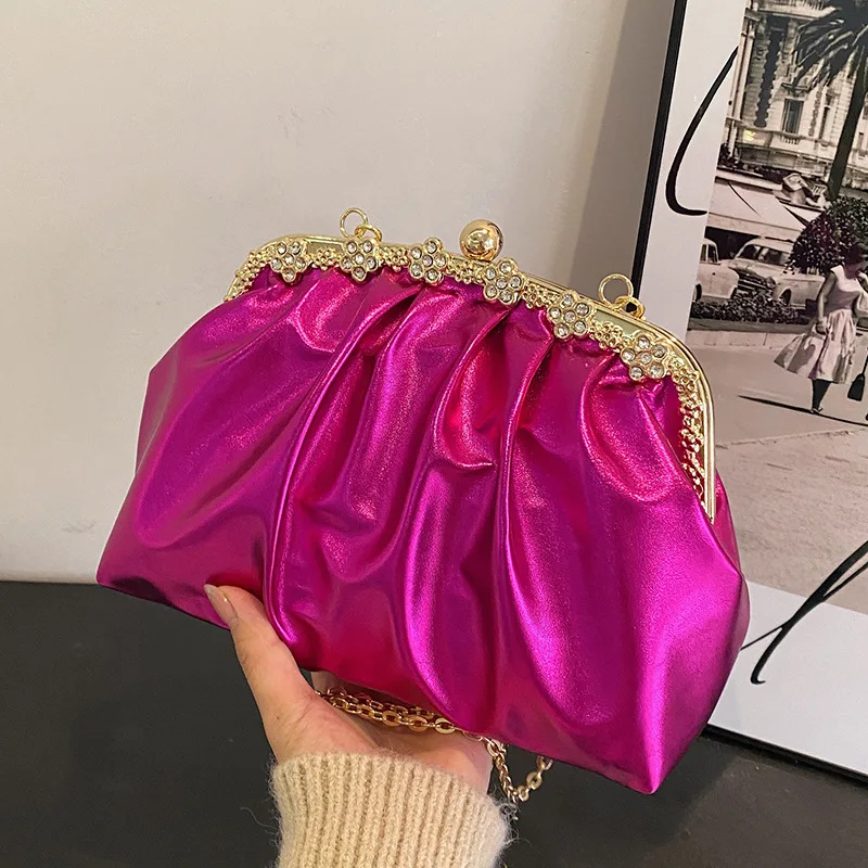 

Candy Color Clip Bags for Women Glossy Diamond Handbags Ruched Shoulder Crossbody Bag Laser Shell Cloud Bag Frame Kisslock Purse
