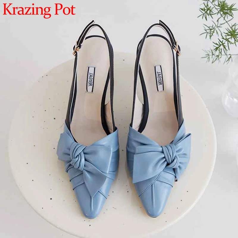 

Krazing Pot sweet mixed colors bowtie genuine leather shoes pointed toe stiletto high heels fashion buckle slingback pumps L51