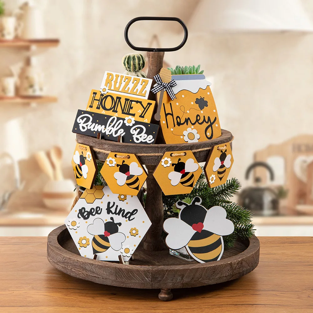 

8pcs Bee Wooden Tiered Tray Decor Set Bumble Honey Tiered Tray Table Signs for Rustic Home Party Holiday Table Decoration