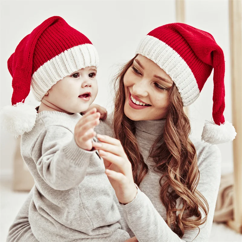 

Вязаная Милая Рождественская шапка с помпоном для взрослых и детей, мягкая Шапка-бини, шапка с Санта-Клаусом, новогодний вечерние для детей, ...