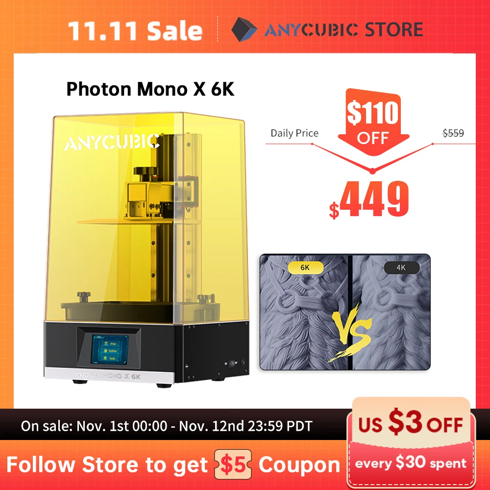 ANYCUBIC Photon Mono X 6K 3D Printer 9.25 inch Monochrome Screen 6K Vivid Details UV Resin 3D Printer impresora 3d Fast Print
ANYCUBIC Photon Mono X 6K 3D Printer 9.25 inch Monochrome Screen 6K Vivid Details UV Resin 3D Printer impresora 3d Fast Print