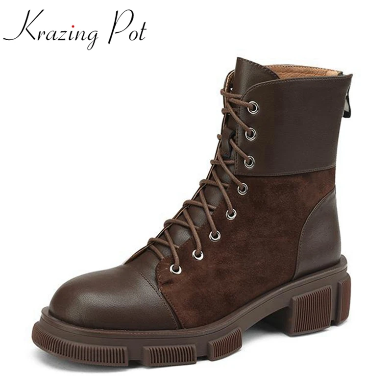

Krazing Pot Cow Leather Round Toe Med Heels Fashion Boots Platform Cross-tied Rivets Splicing Retro Fashion Chic Zip Ankle Boots
