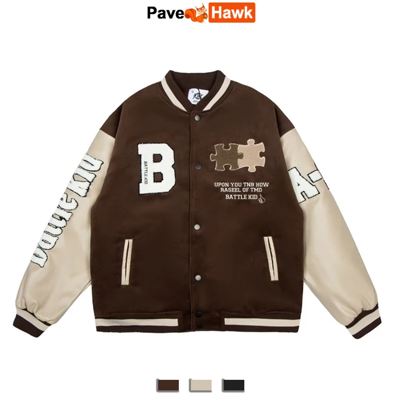 

Vintage Baseball Jacket Men Women Brown Patchwork Letter Flocking Harajuku Coat Unisex Causal Street Bomber Varsity Outwear New