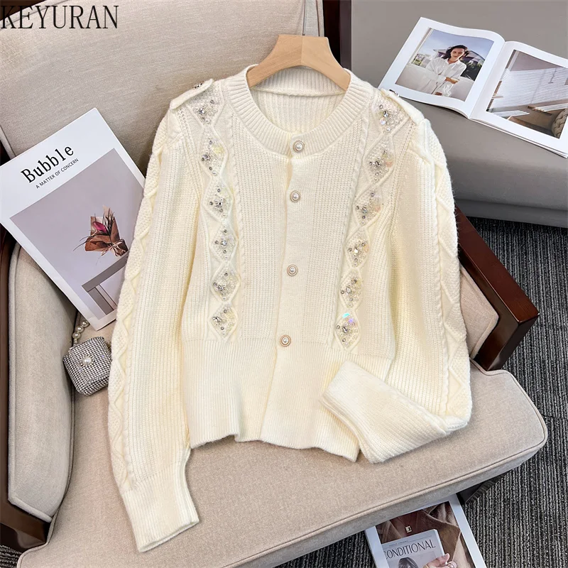 

2023 Autumn Winter Diamonds Beading Knitted Cardigans Sweater Women New O Neck Long Sleeve Knitwear Tops Outerwear Jersey Mujer