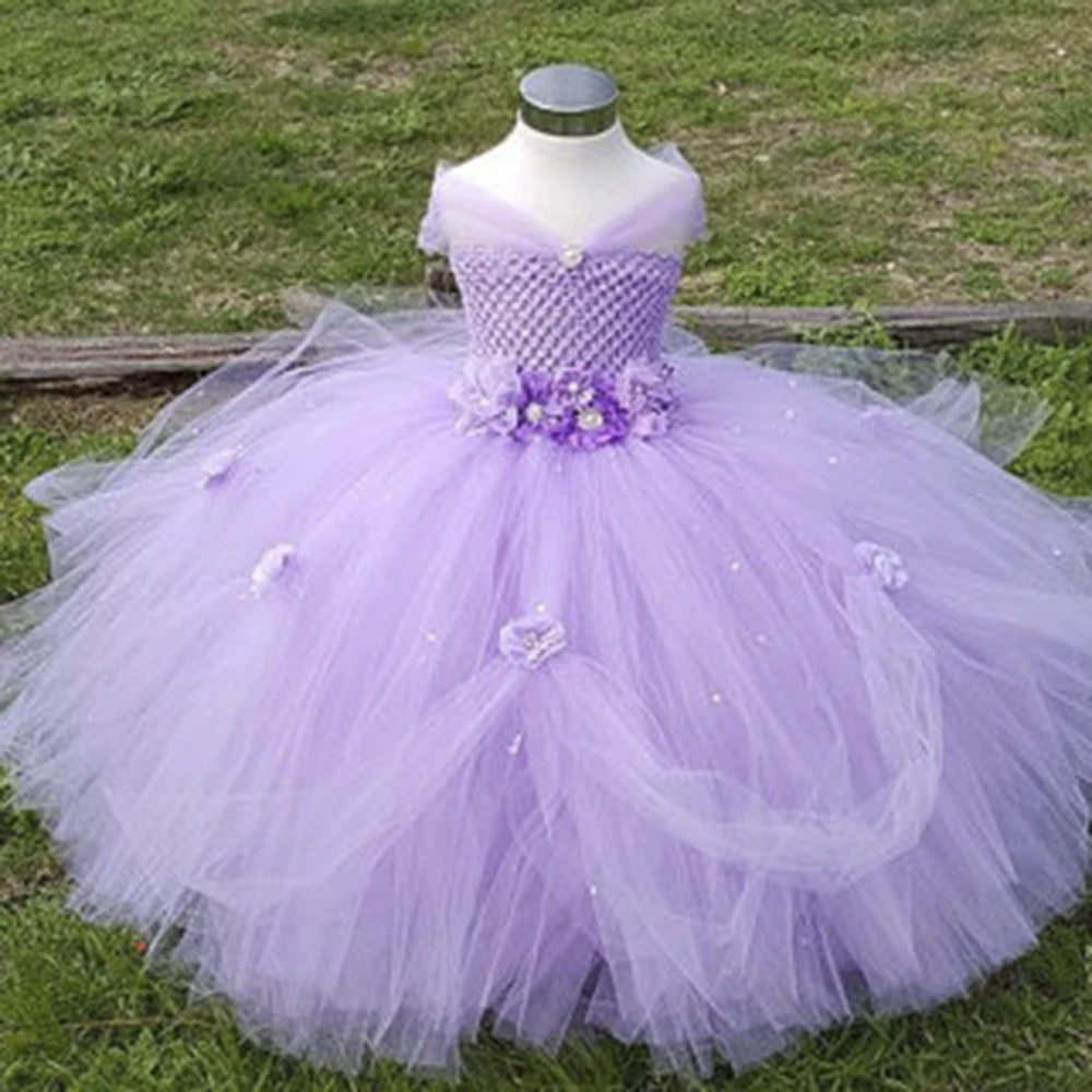 

2-8Y Flower Girl Princess Dress Kid Party Pageant Wedding Bridesmaid Tutu Dresses Pink Lavender Kids Dress for Girls PT153