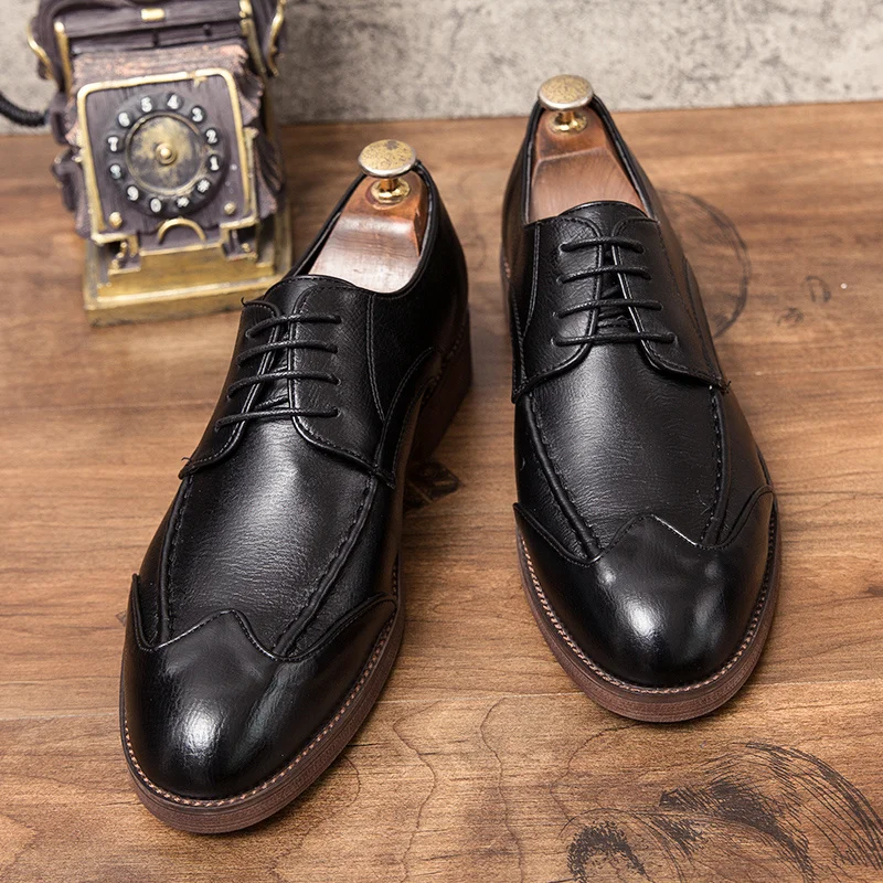 

Casual Men Oxfords Black Men's Shoes Handmade Comfortable Formal Men Flats Lace-Up Bullock Business Brogue Shoes Plus Size 38-47