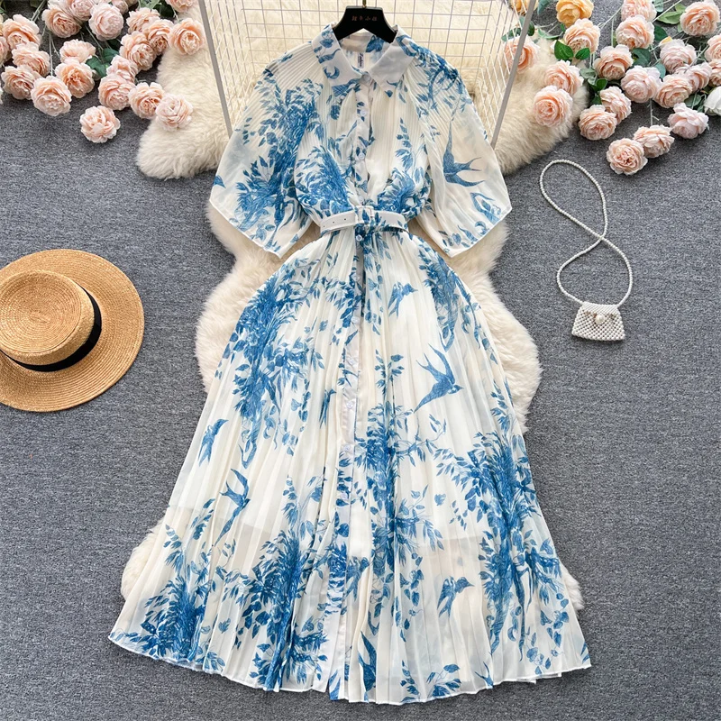 Summer Mid-length Floral Print Pleated Dress Vintage Lapel Single-breasted With Belt Short Sleeve Women Dresses Korean Vestidos
Summer Mid-length Floral Print Pleated Dress Vintage Lapel Single-breasted With Belt Short Sleeve Women Dresses Korean Vestidos