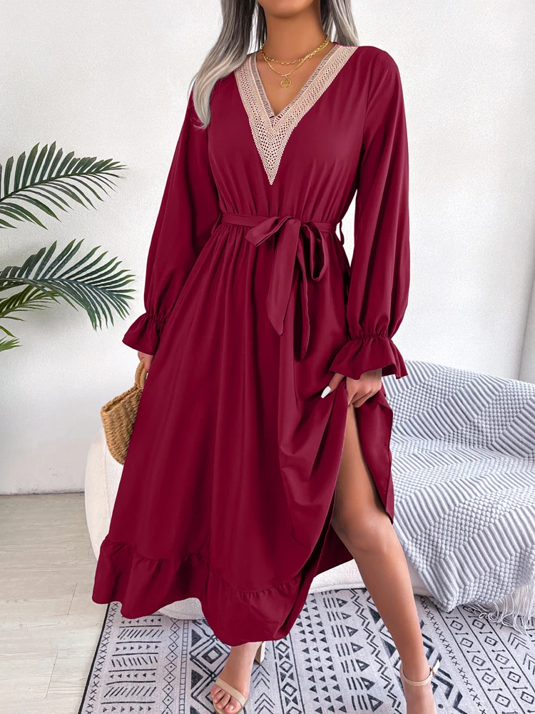 Elegant Ruffle Tunic Midi Dress Women Fashion High Waist Lace V Neck Long Sleeve Party Long Dress Female Loose Casual Vestidos
Elegant Ruffle Tunic Midi Dress Women Fashion High Waist Lace V Neck Long Sleeve Party Long Dress Female Loose Casual Vestidos